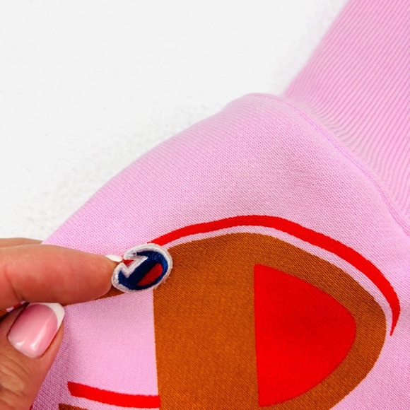 Champion Pink/Brown Thick Reverse Weave Cropped Pullover Hoodie Sweatshirt (M) - Picture 12 of 15